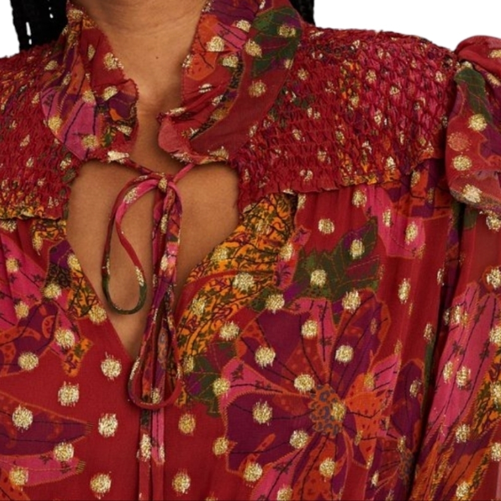 FARM Rio Maroon & Gold Banana Flowers Smocked Mini Dress - Size XL - Picture 6 of 13